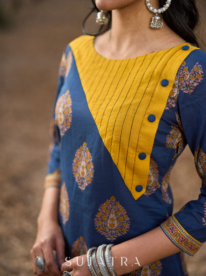 Navy Blue Cotton Kurta with Contrast Mustard Yoke and Printed Buttas