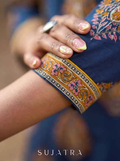 Navy Blue Cotton Kurta with Contrast Mustard Yoke and Printed Buttas