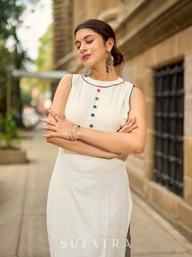Pristine Off-White Sleeveless Halter Neck Kurta with Vibrant Multicolor Buttons & Hem Trim