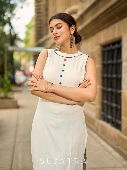 Pristine Off-White Sleeveless Halter Neck Kurta with Vibrant Multicolor Buttons & Hem Trim