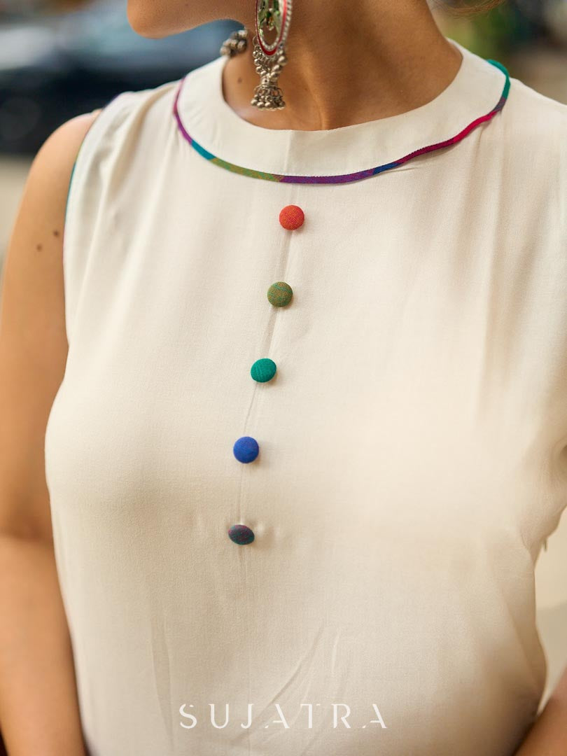 Pristine Off-White Sleeveless Halter Neck Kurta with Vibrant Multicolor Buttons & Hem Trim - Pant Optional