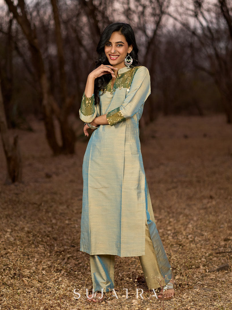 Exquisite Light Olive Cotton Silk Kurta with Ikat Accents