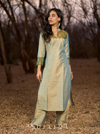 Exquisite Light Olive Cotton Silk Kurta with Ikat Accents