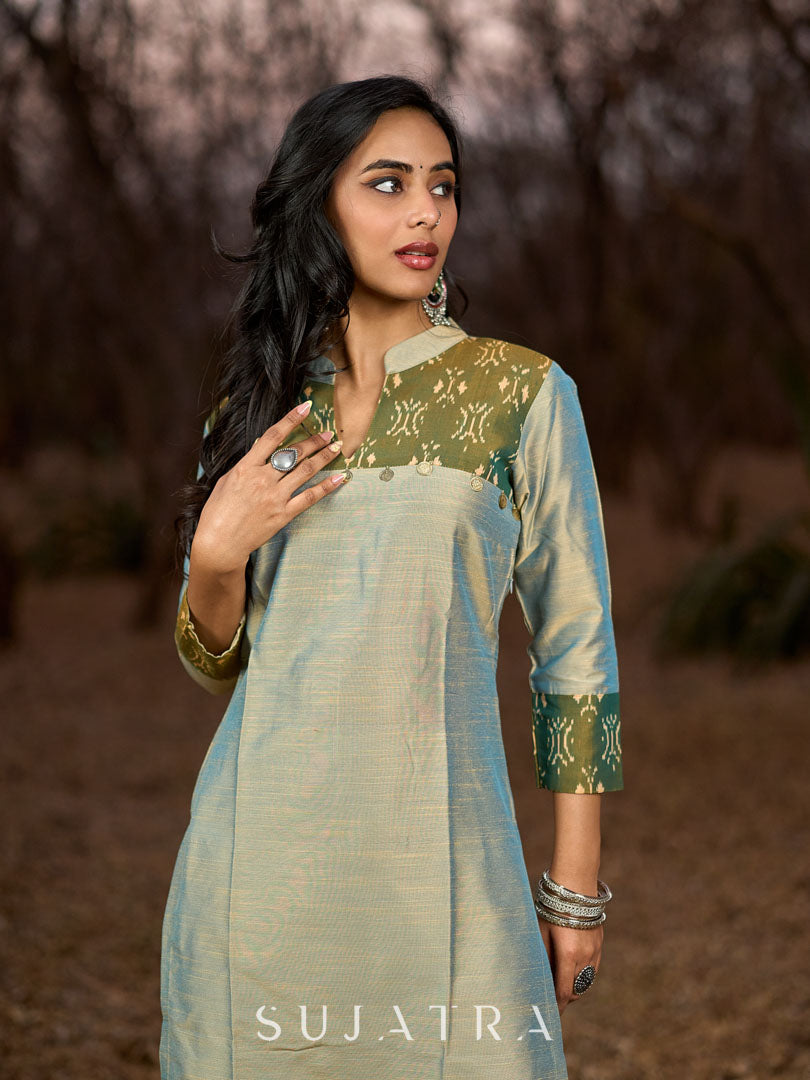 Exquisite Light Olive Cotton Silk Kurta with Ikat Accents