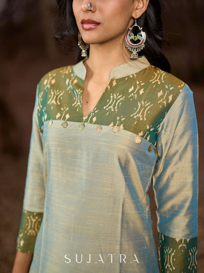Exquisite Light Olive Cotton Silk Kurta with Ikat Accents