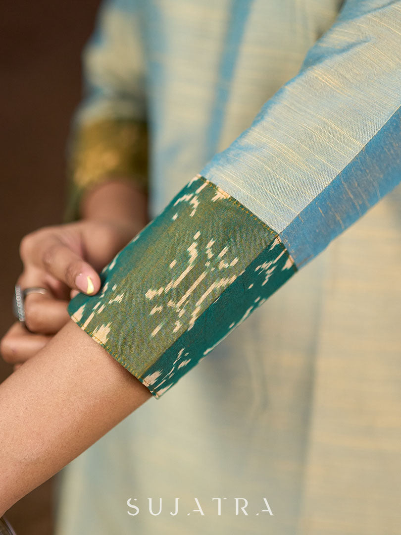 Dussehra Sale — Exquisite Light Olive Cotton Silk Kurta with Ikat Accents - Pant Optional