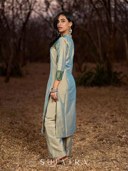 Exquisite Light Olive Cotton Silk Kurta with Ikat Accents