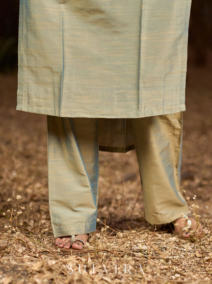 Exquisite Light Olive Cotton Silk Kurta with Ikat Accents