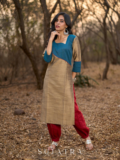 Gold Cotton Silk Kurta with Contrasting Asymmetrical Striped Yoke & Sleeve