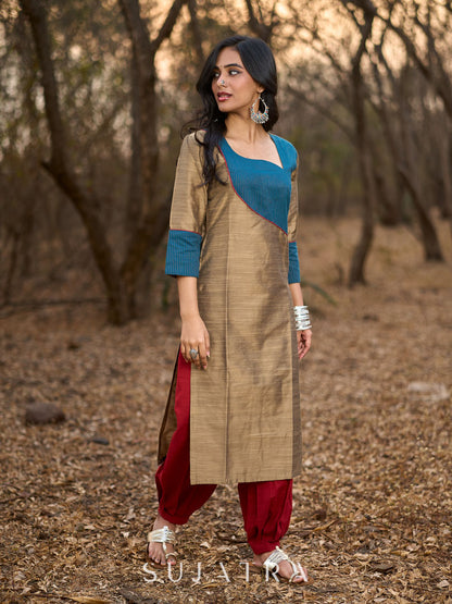 Gold Cotton Silk Kurta with Contrasting Asymmetrical Striped Yoke & Sleeve