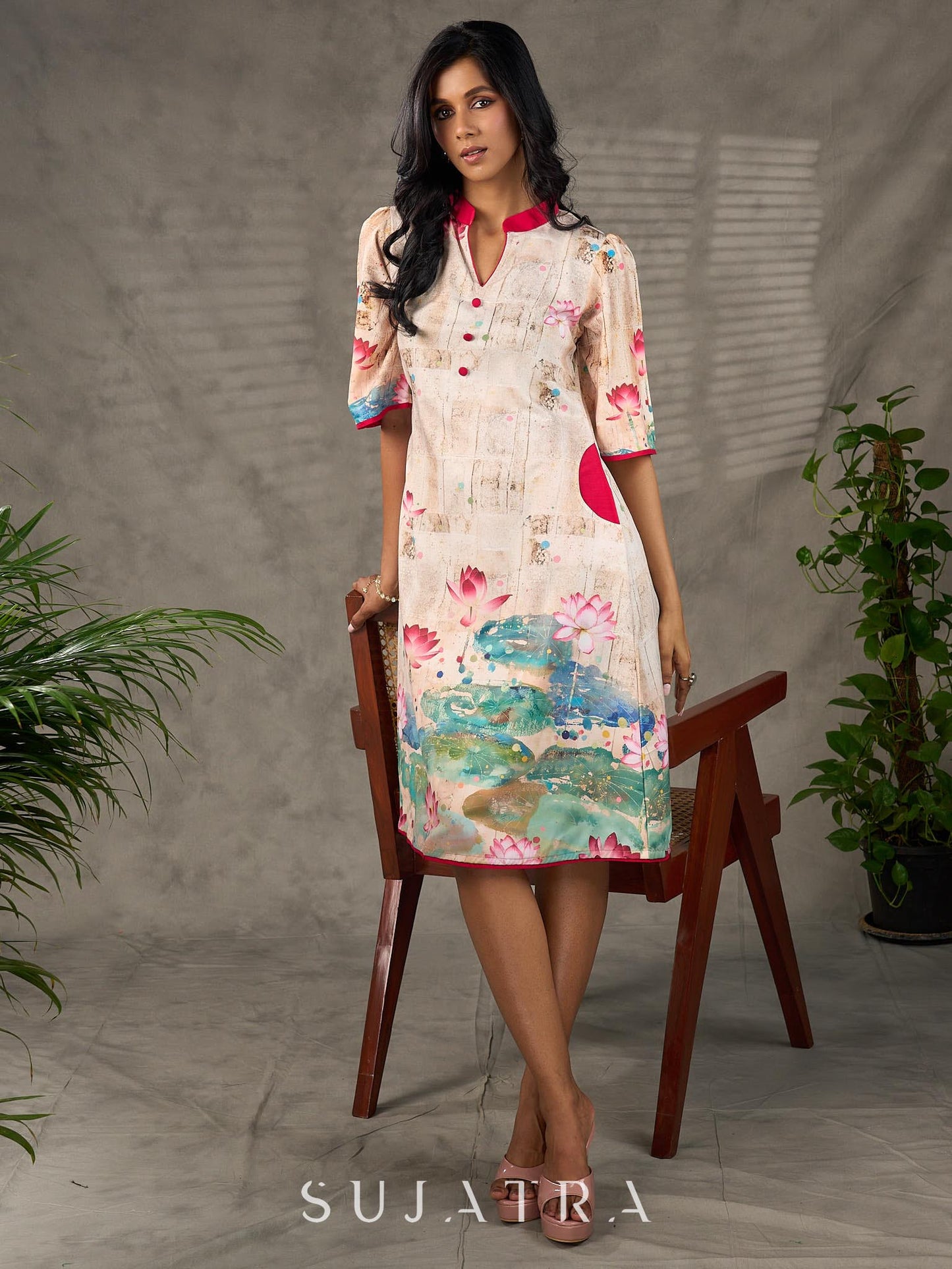 Pichwai-inspired off white lotus print dress with pink accents.