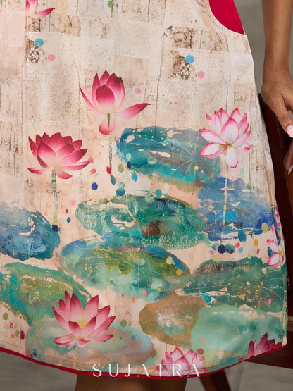 Pichwai-inspired off white lotus print dress with pink accents.