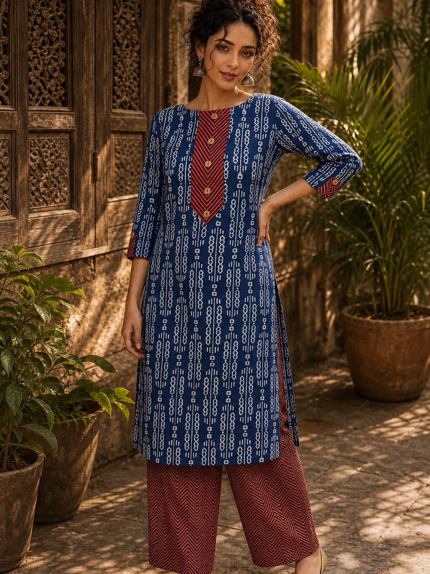Indigo Dabu Print Kurta with Contrast Ajrakh Rust Chevron V-Placket & Matching Cuff Detail