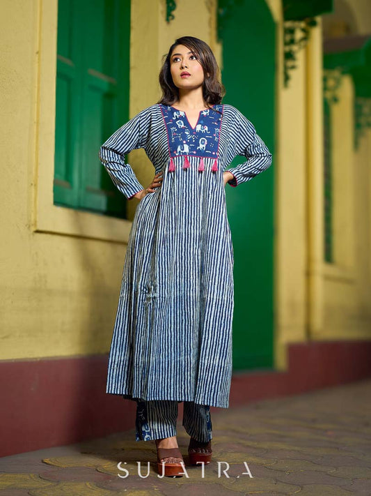 Contemporary Indigo Striped Kurta Featuring Animal Patch Detail, Drop Shoulders and Magenta Mirror Accents