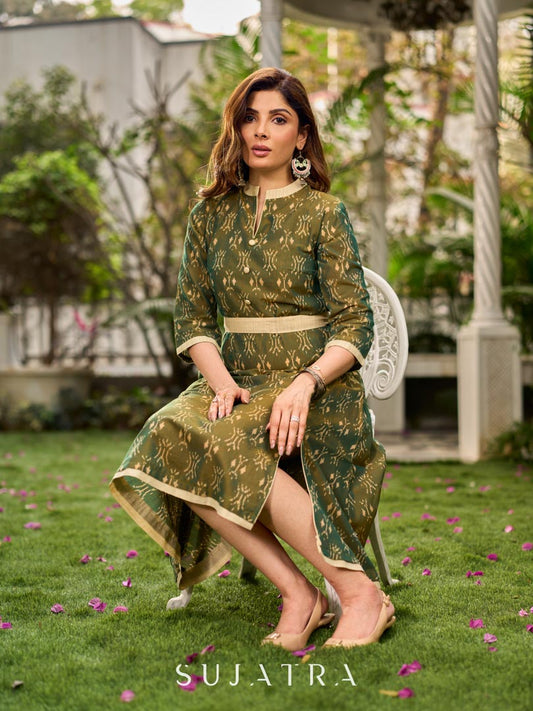 Statement olive green two-tone Ikat dress elevated with cream and gold accents, a structured belt for definition, and a subtle left-front slit.