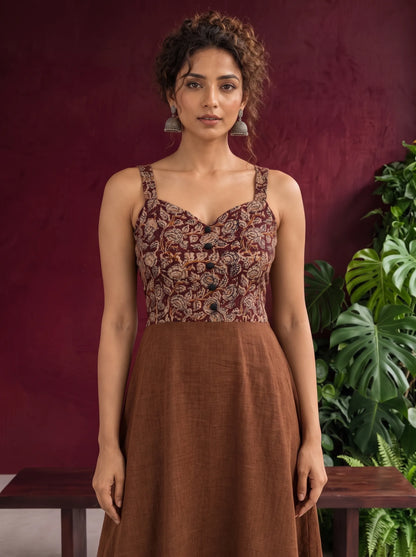 Rust Brown Cotton One Piece Dress with Maroon Floral Print Bodice & Button Front Detail — view 3