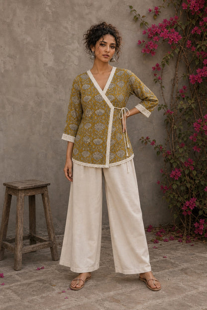 Mustard Jaipur cotton wrap-style Angarkha top with off-white Hakoba cuffs and graceful contrast accents.