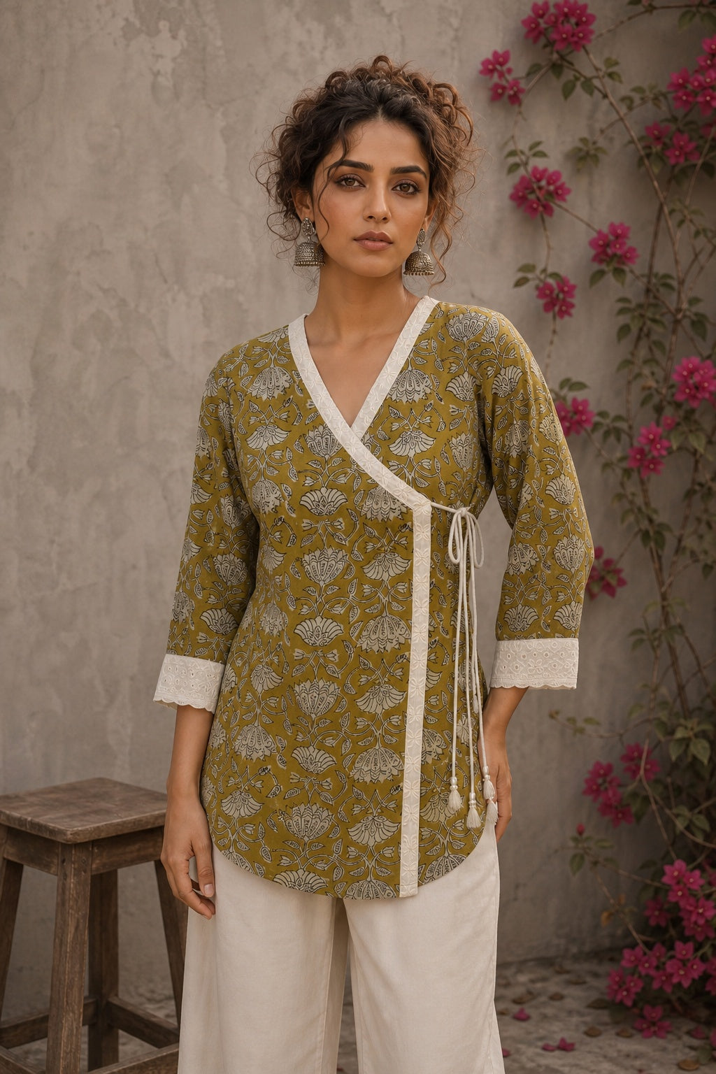 Mustard Jaipur cotton wrap-style Angarkha top with off-white Hakoba cuffs and graceful contrast accents.