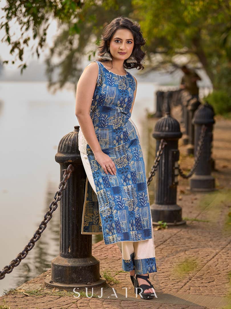 Indigo Abstract Printed Kurta with Side Cut Panels, Hakoba Inserts and Pearl Embellishments
