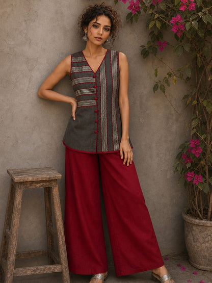 Distinctive Grey and maroon hand block print top featuring bold striped motifs, an asymmetric overlap silhouette, and artisanal detailing, bringing contemporary charm to effortless everyday dressing.