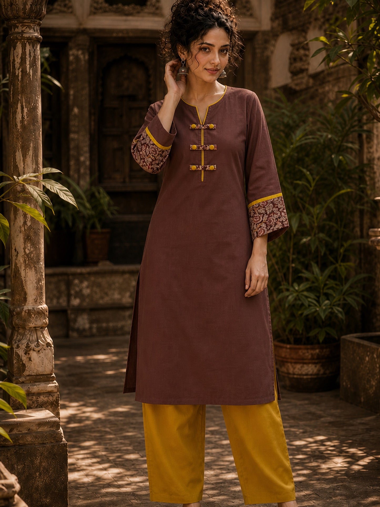 Earthy Brown Cotton Kurta with Statement Kalamkari Block Print Cuffs & Mustard Piping