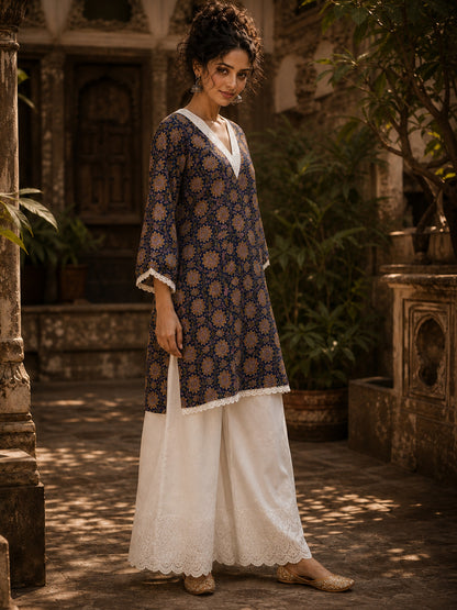 Navy Blue Floral Print Short Kurta with White Hakoba V-Neck Trim & Bell Sleeves