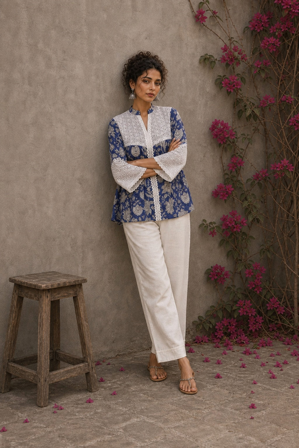 Blue floral Jaipur-printed top with statement hakoba panels and delicate white lace accents.