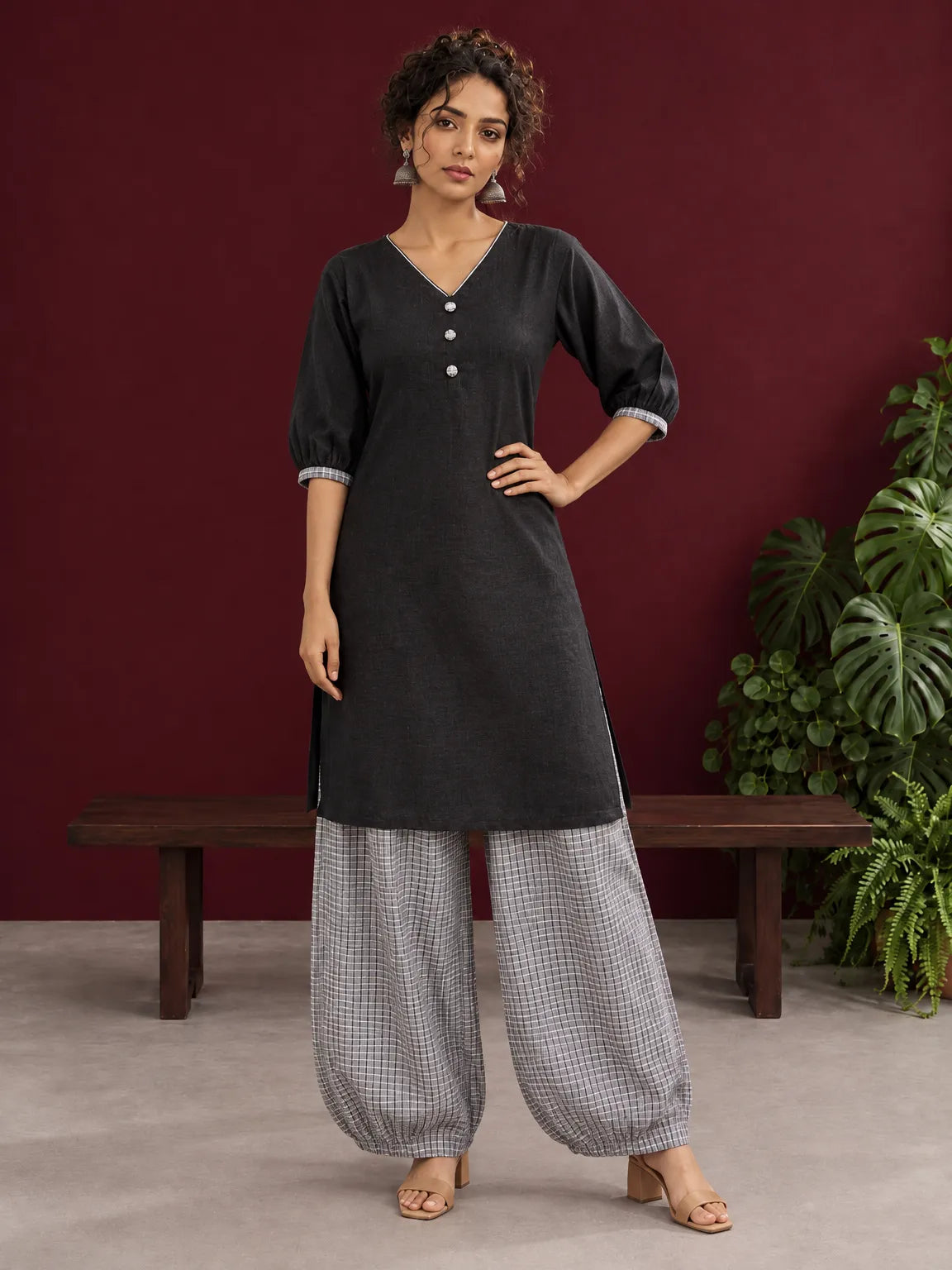 Classic Black Cotton Tunic Co-ord Set with Checkered Cuffs and Button Detail V-Neck paired with Coordinated Checkered Gathere — view 2