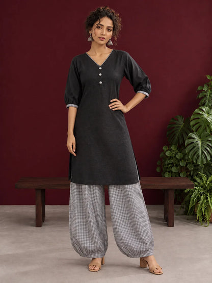Classic Black Cotton Tunic Co-ord Set with Checkered Cuffs and Button Detail V-Neck paired with Coordinated Checkered Gathere