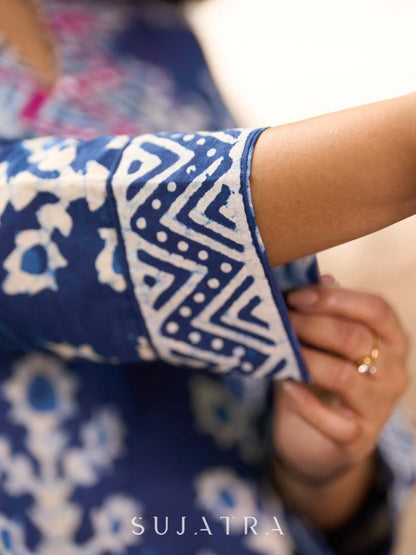 Indigo Floral Kurta with Playful Stripe Print and Magenta Hand Mirror Work on Overlapping Neckline