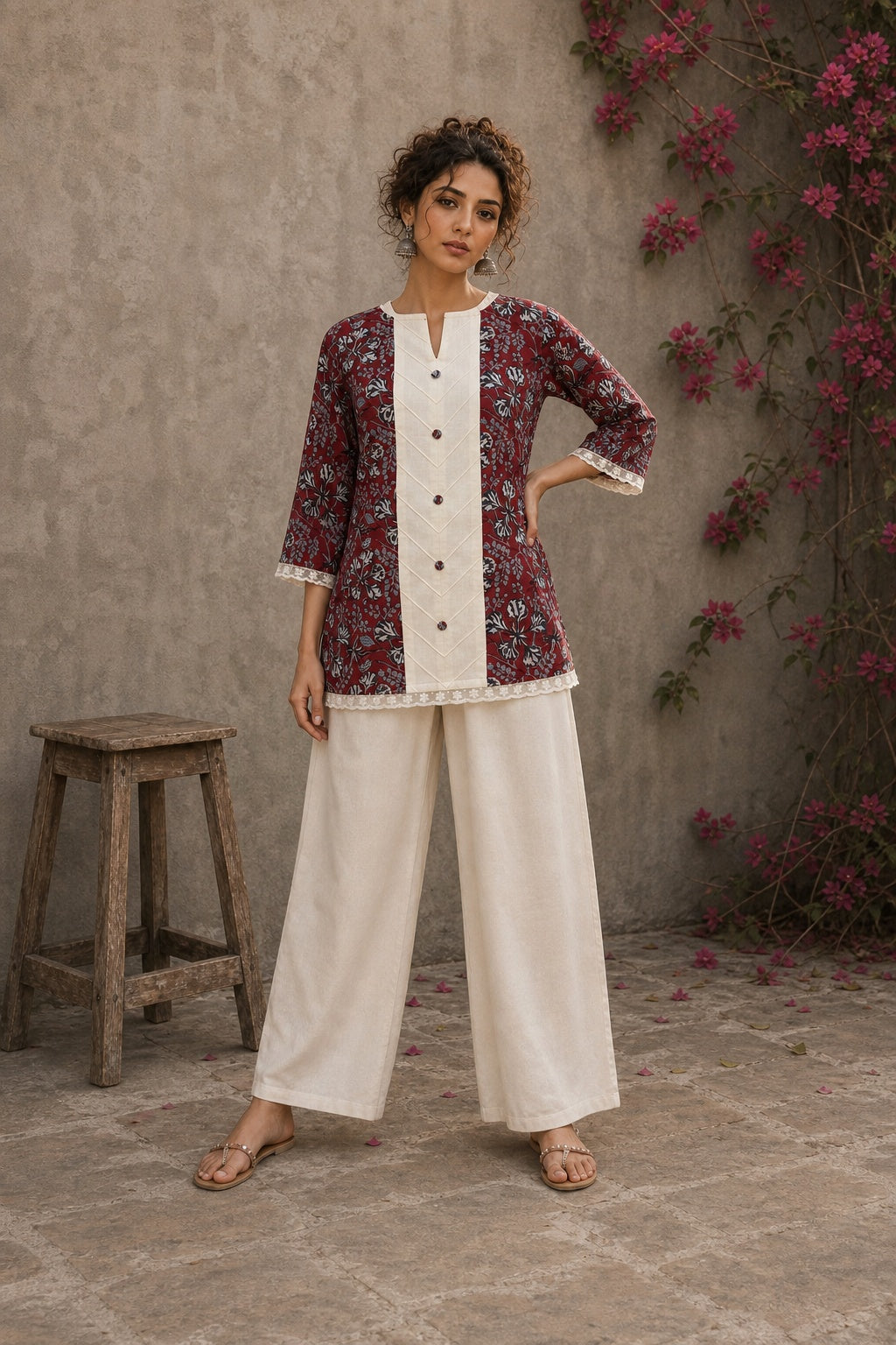 Deep red Jaipur floral printed top featuring maroon pintuck yoke, off-white panel, and scalloped lace detailing.