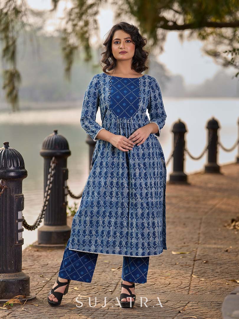 Indigo Printed Kurta with Statement Neck Patch, Flowing Gathers and Pearl Embellished Sleeves