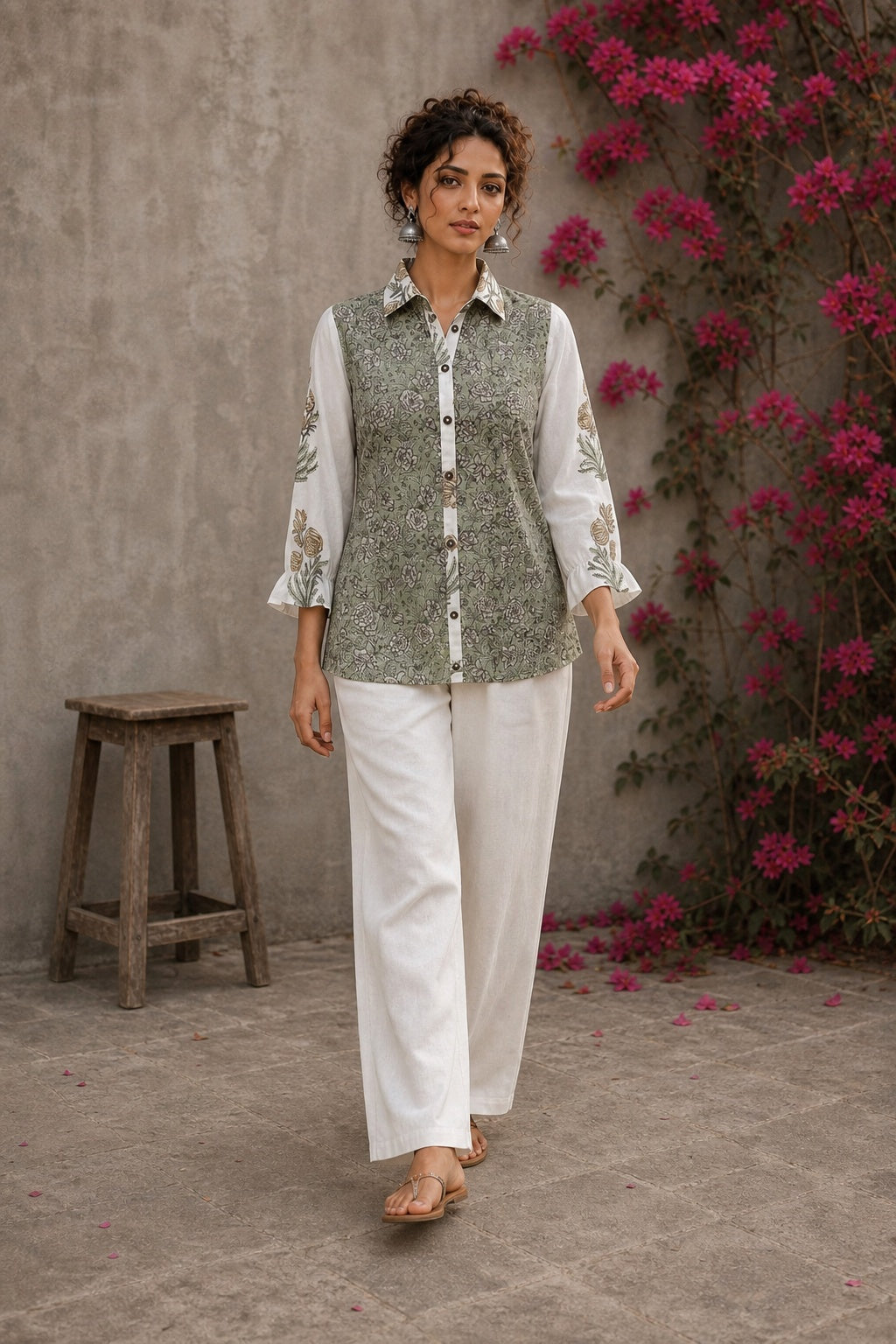 Off-white cotton shirt with pastel green Jaipur jaal print body and contrasting motif-printed sleeves.