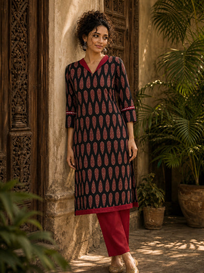 Striking Black Ajrakh Block Print Straight Kurta with Bold Maroon Collar & Mirror Cuff Accent