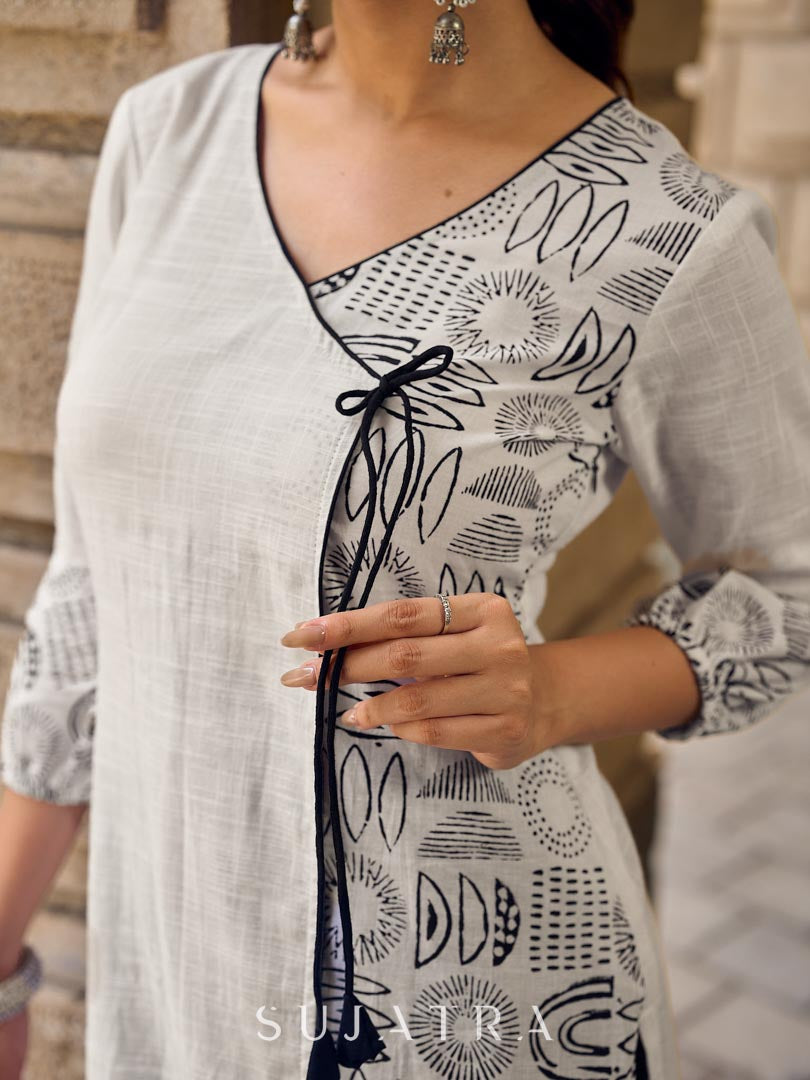 Minimal White Straight Kurta with Monochrome Printed Angrakha Panel & Printed Cuffs