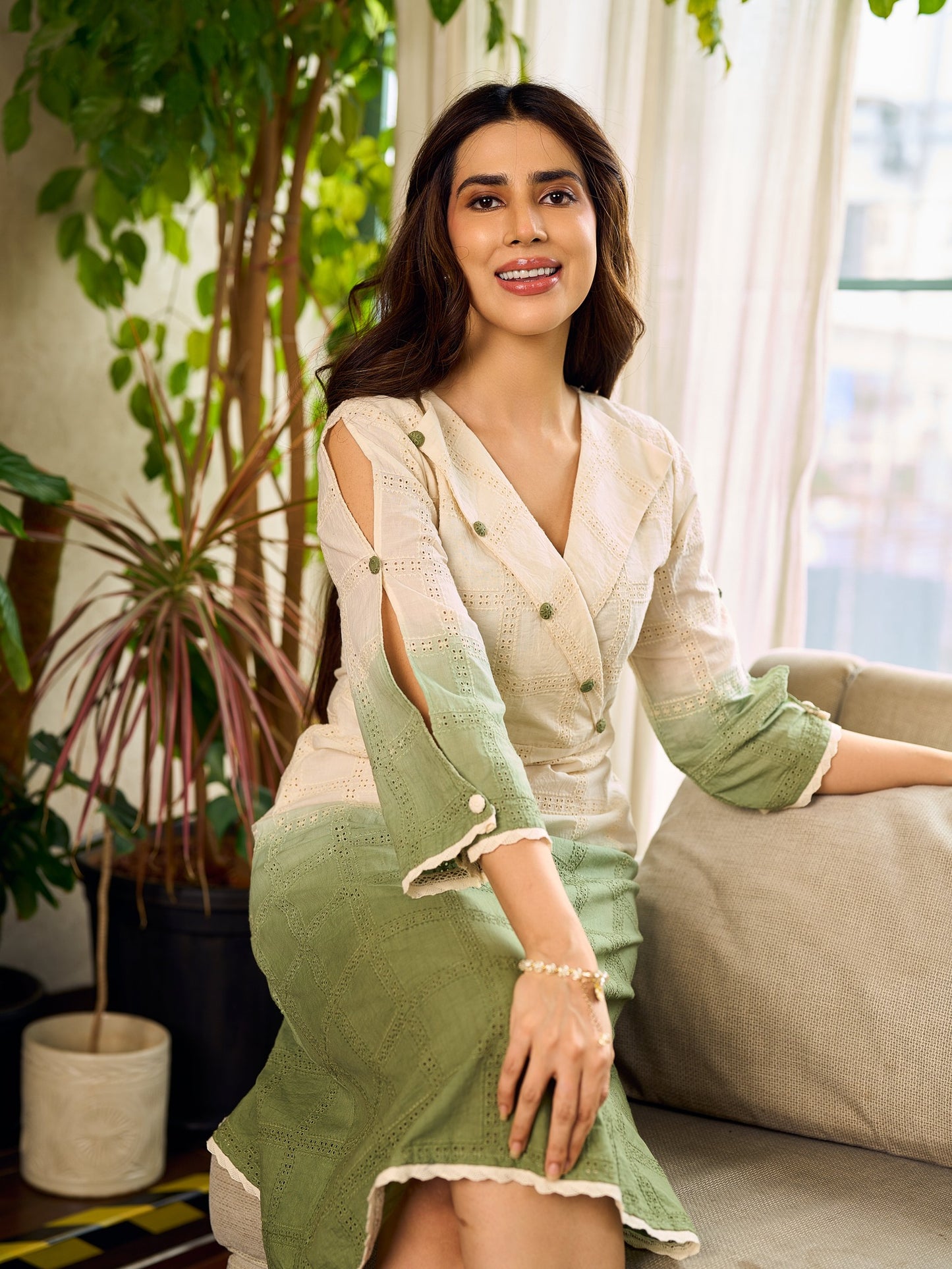 Serene ivory and sage green ombré overlap hakoba dress with olive button accents.