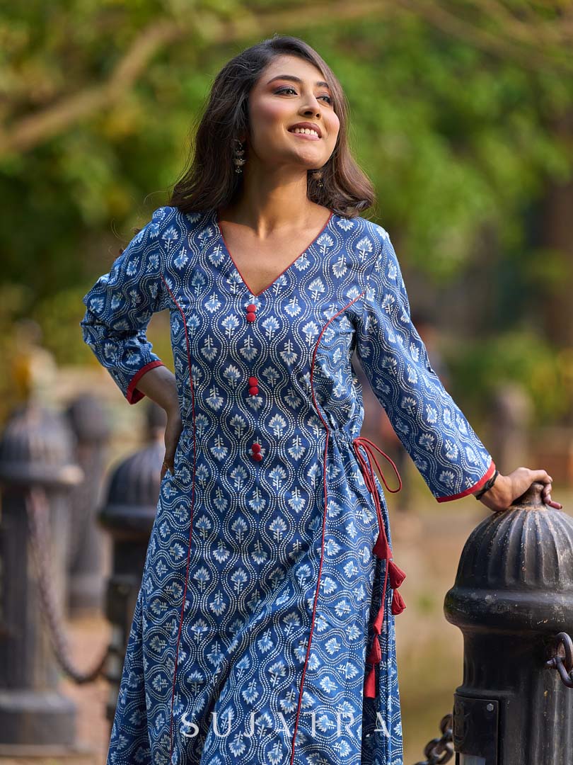 Indigo Printed A-Line Kurta with Waist-Defining Side Strings and Maroon Detailing