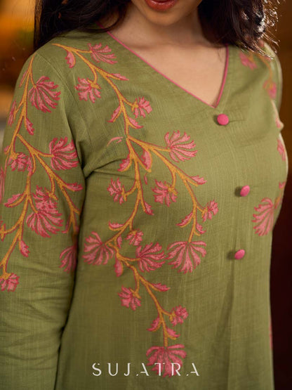 Muted pista hand block printed dress with delicate cascading hand block floral motifs and soft pink accents for a graceful, elegant, and refreshing everyday look.