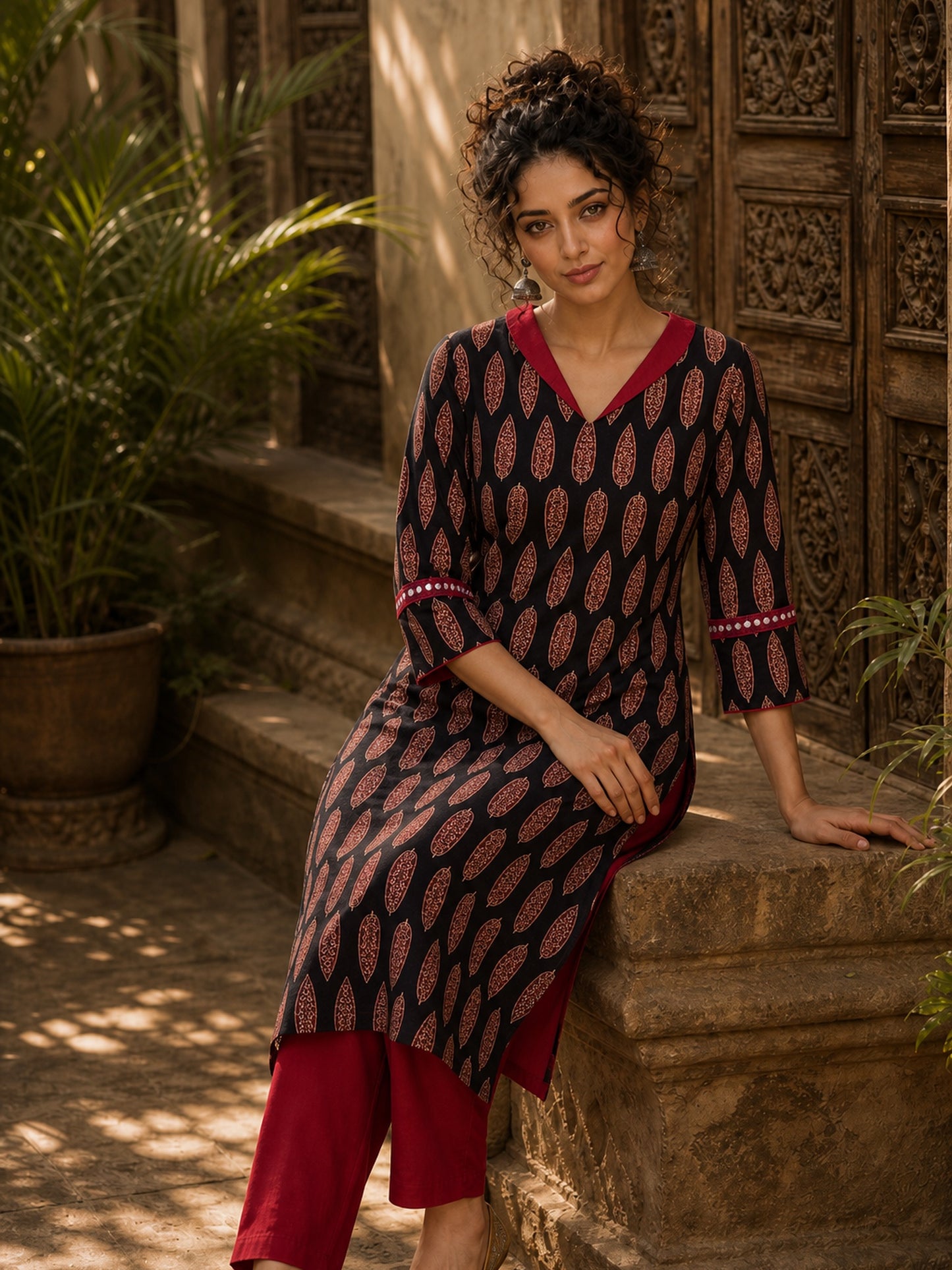 Striking Black Ajrakh Block Print Straight Kurta with Bold Maroon Collar & Mirror Cuff Accent