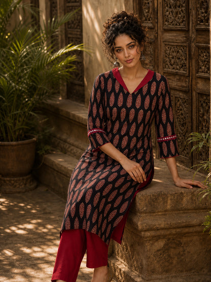 Striking Black Ajrakh Block Print Straight Kurta with Bold Maroon Collar & Mirror Cuff Accent