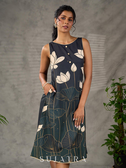 Bottle green and beige Pichwai lotus printed dress with beige accents