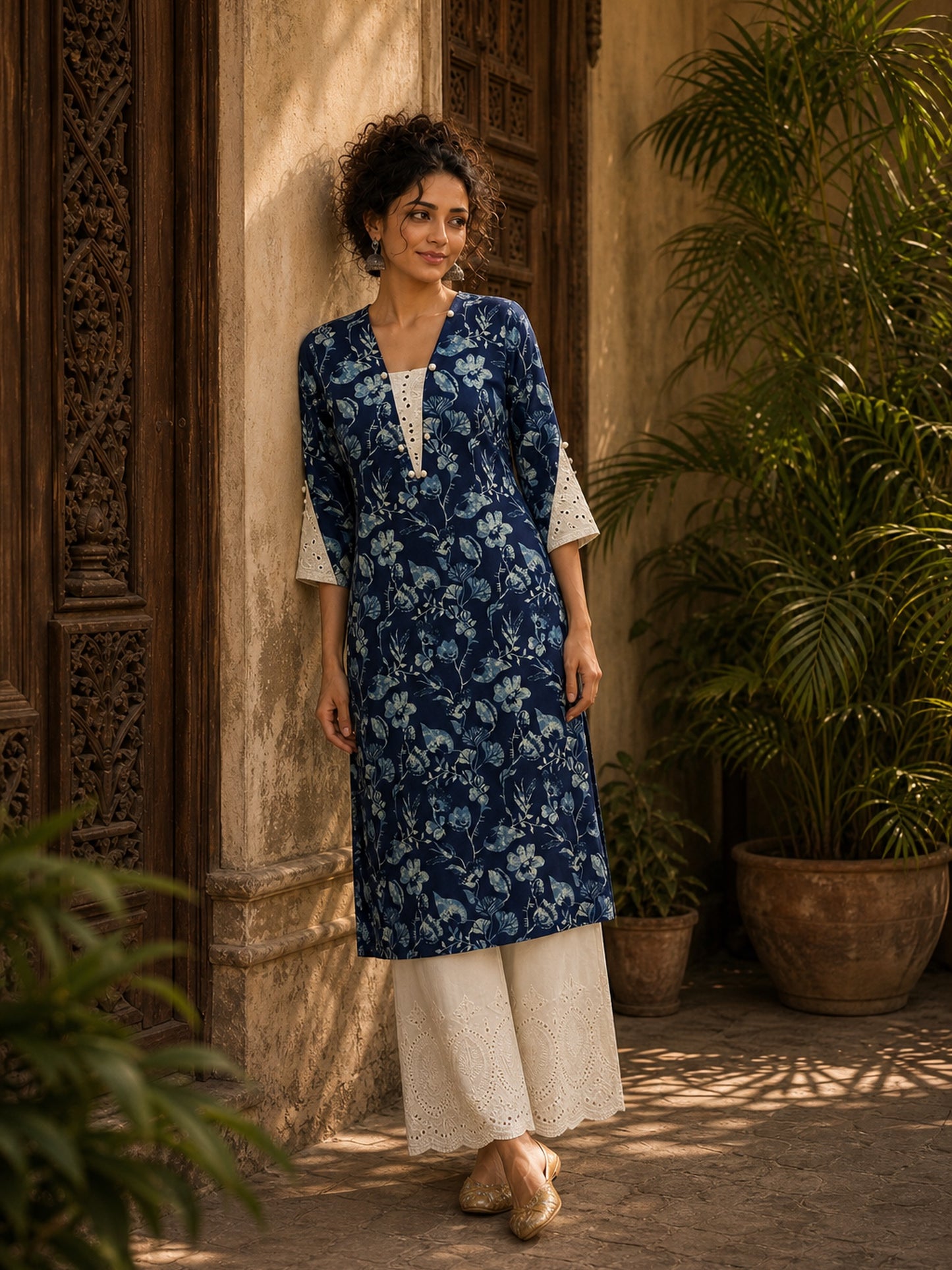 Bold Navy Blue Floral Print Kurta with Ivory Hakoba Cuffs & Pearl Embellished Placket