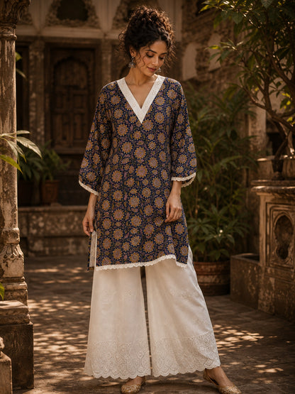Navy Blue Floral Print Short Kurta with White Hakoba V-Neck Trim & Bell Sleeves