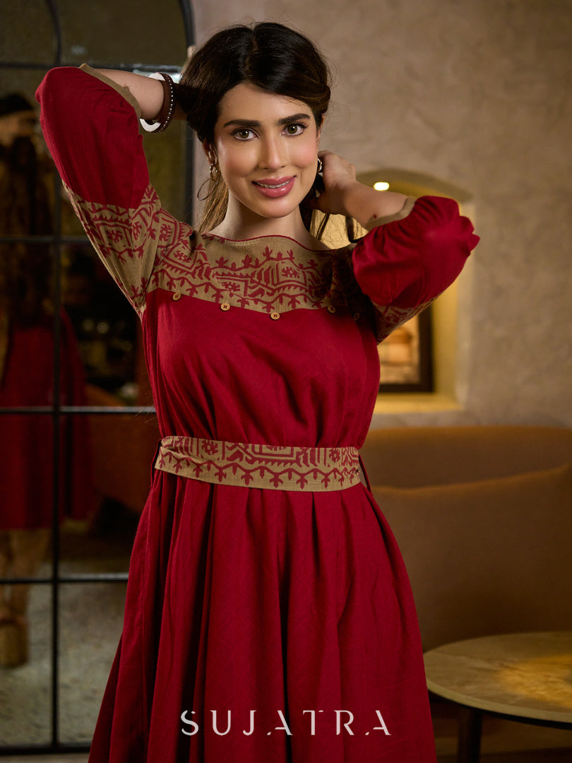 Classic Maroon & Beige Cotton Dress with Jamdani Inspired Hand Block Printed Border and Tie-Up Belt