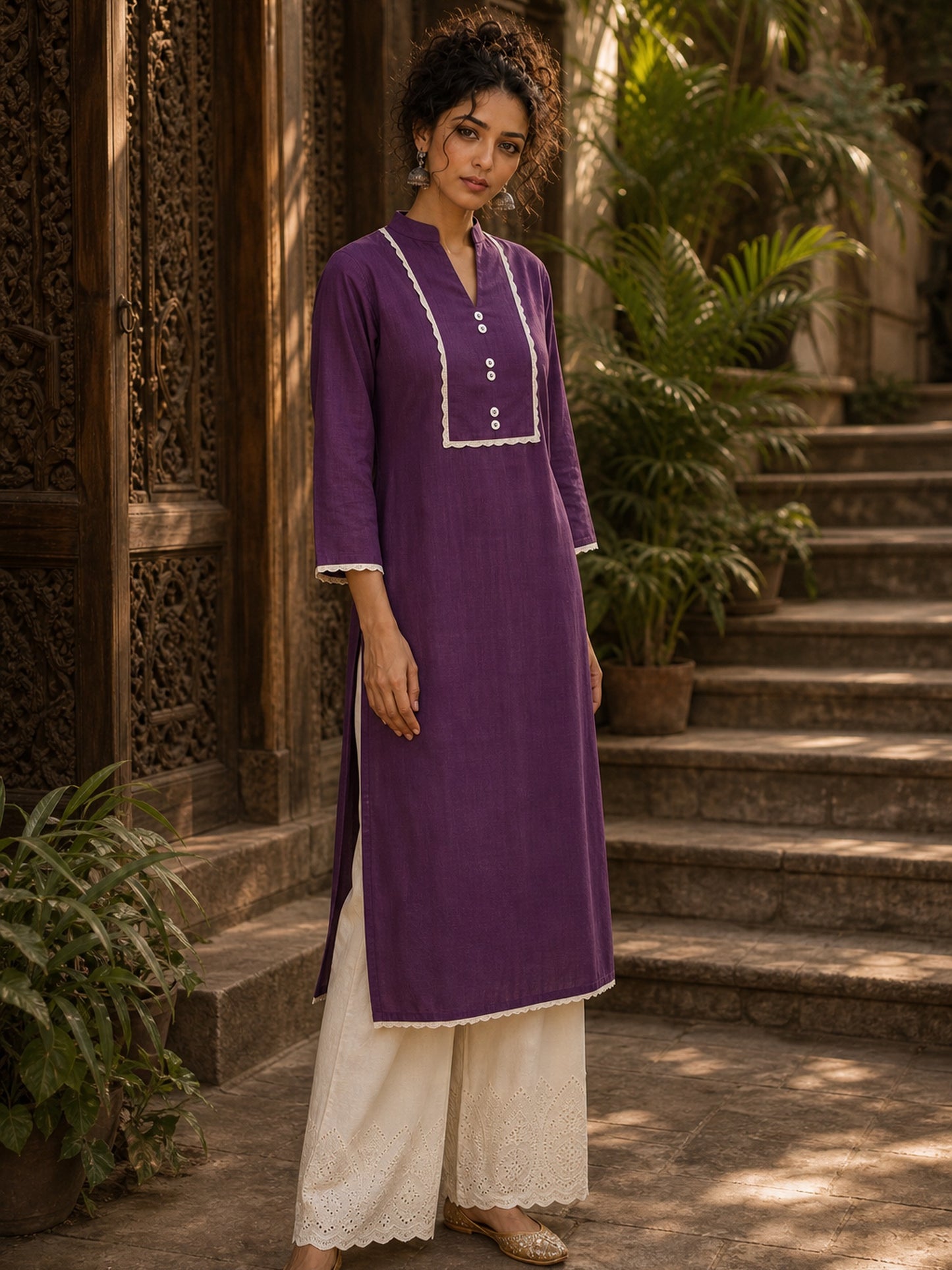 Deep Purple Kurta with White Crochet Lace Yoke Border & Sleeve Cuff Detail