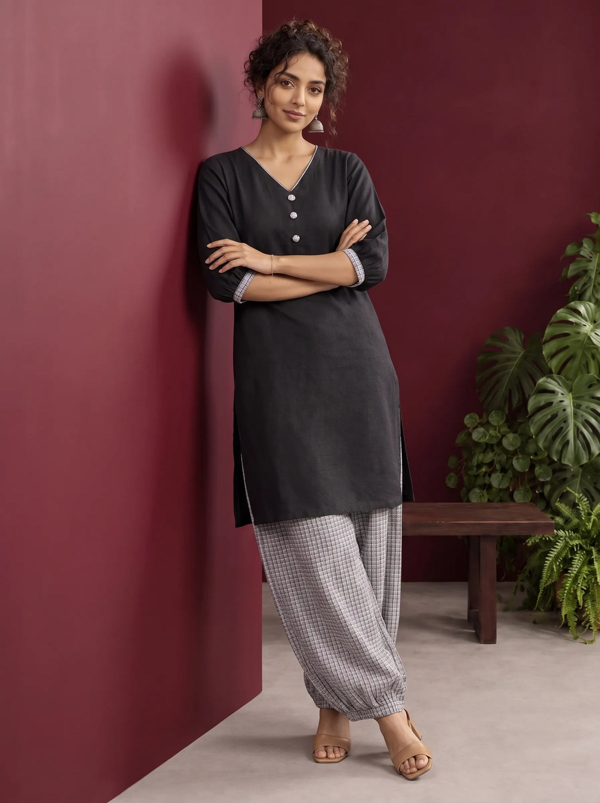 Classic Black Cotton Tunic Co-ord Set with Checkered Cuffs and Button Detail V-Neck paired with Coordinated Checkere — view 2 — view 3