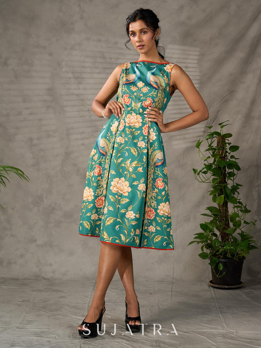 Green peacock motif printed dress with straight neckline and orange accents
