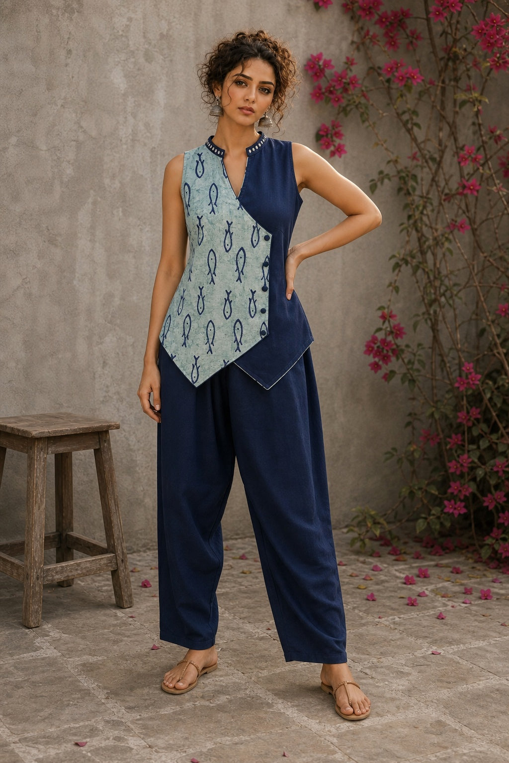 Indigo fish-print crossover sleeveless top featuring a mirror-laced Mandarin collar and beautifully scalloped cut hem.