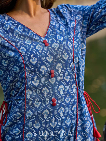 Indigo Printed A-Line Kurta with Waist-Defining Side Strings and Maroon Detailing