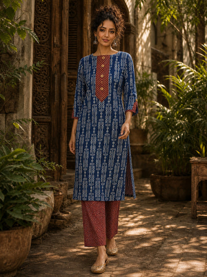 Indigo Dabu Print Kurta with Contrast Ajrakh Rust Chevron V-Placket & Matching Cuff Detail